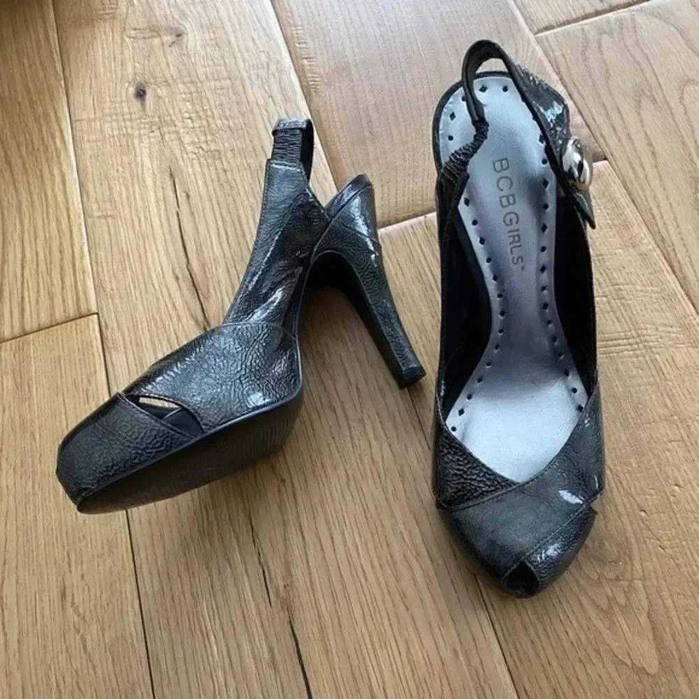 BCBGirls Peep Toe Silver Metallic Pumps - Picture 5 of 12